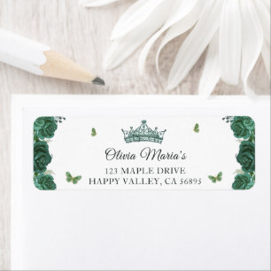 Quinceañera Emerald Green Floral Butterflies Tiara Return Address Label
