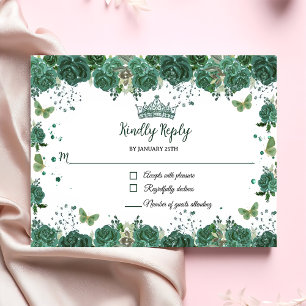 Quinceañera Emerald Green Floral Butterflies Tiara RSVP Card