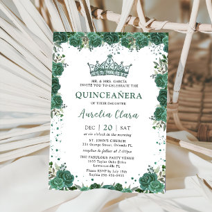 Quinceañera Emerald Green Floral Crown Birthday Invitation