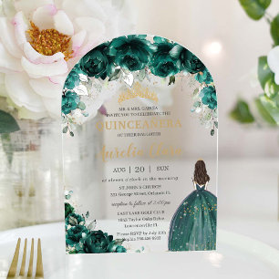 Quinceañera Emerald Green Floral Dress Gold Arch Acrylic Invitations