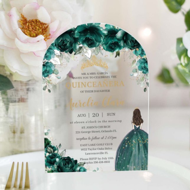 Quinceañera Emerald Green Floral Dress Gold Arch Acrylic Invitations (emerald-green-floral-flowers-princess-dress-gown-quinceanera-sweet-sixteen-birthday-acrylic-invite)
