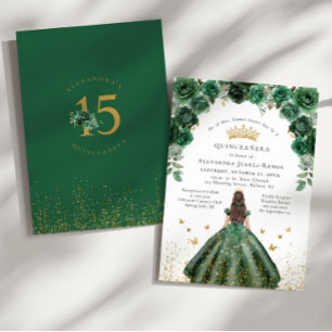 Quinceañera Emerald Green Floral Faux Gold Foil  Invitation