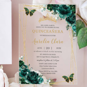 Quinceañera Emerald Green Floral Gold Butterflies Acrylic Invitations
