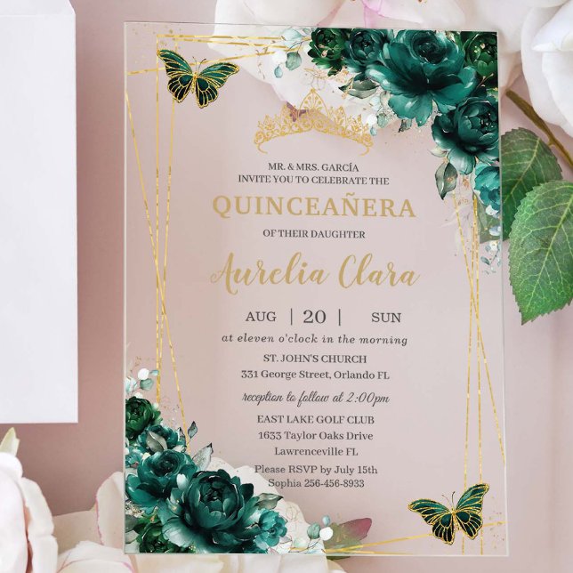 Quinceañera Emerald Green Floral Gold Butterflies Acrylic Invitations (Creator Uploaded)