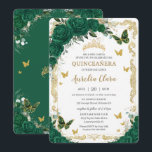 Quinceañera Emerald Green Floral Gold Butterflies  Invitation<br><div class="desc">Personalise this lovely quinceañera invitation with own wording easily and quickly,  simply press the customise it button to further re-arrange and format the style and placement of the text.  Matching items available in store!  (c) The Happy Cat Studio</div>