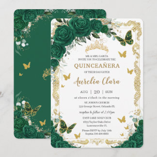 Quinceañera Emerald Green Floral Gold Butterflies Invitation
