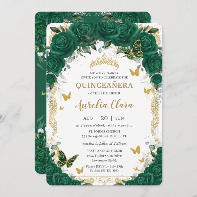 Quinceañera Emerald Green Floral Gold Butterflies Invitation (Front/Back)