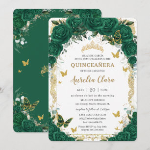 Quinceañera Emerald Green Floral Gold Butterflies Invitation