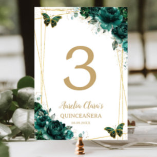 Quinceañera Emerald Green Floral Gold Butterflies Table Number