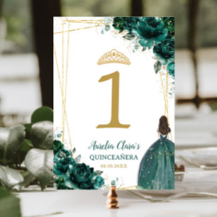 Quinceañera Emerald Green Floral Gold Girl Dress  Table Number