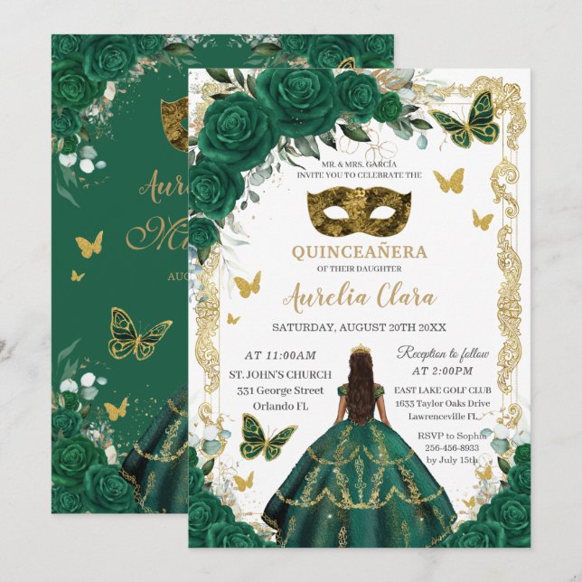 Quinceañera Emerald Green Floral Gold Masquerade  Invitation (Front/Back)