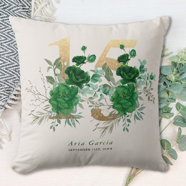 Quinceanera Emerald Green Floral Gold Number 15 Cushion (15th birthday pillow from the Royal Rose Emerald Green Quinceanera Collection by Darling & May)