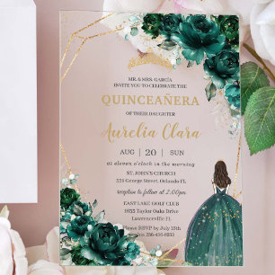Quinceañera Emerald Green Floral Gold Princess Acrylic Invitations