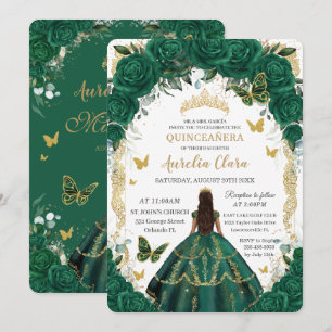 Quinceañera Emerald Green Floral Gold Princess  In Invitation