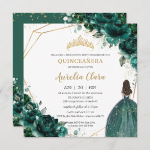 Quinceañera Emerald Green Floral Gold Princess  Invitation