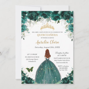 Quinceañera Emerald Green Floral Gold Princess  Invitation