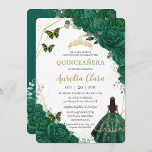 Quinceañera Emerald Green Floral Gold Princess Invitation