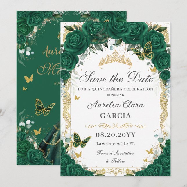 Quinceañera Emerald Green Floral Gold Princess Save The Date (Front/Back)