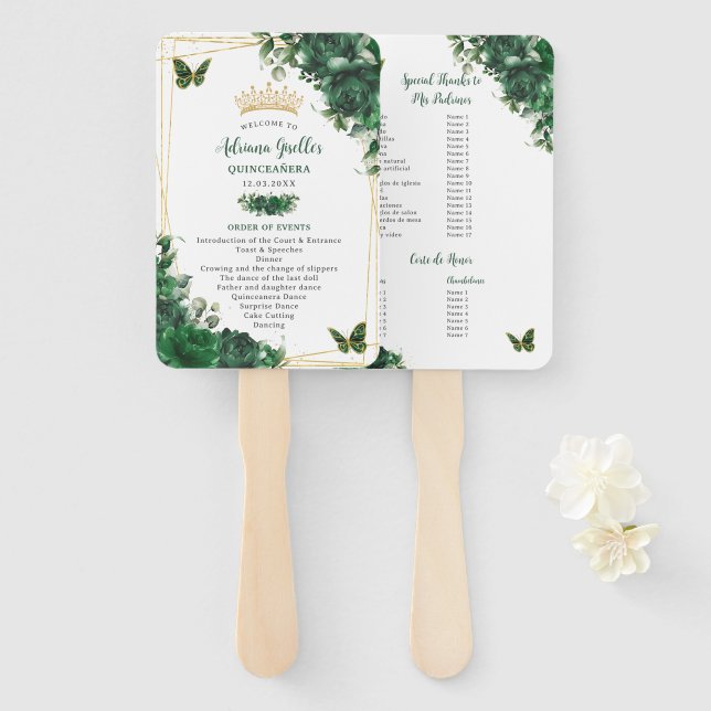Quinceañera Emerald Green Floral Padrinos Program Hand Fan (Front and Back)