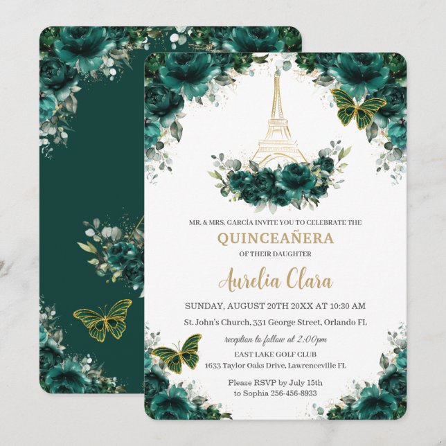Quinceañera Emerald Green Floral Paris Butterflies Invitation (Front/Back)