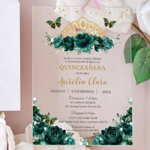 Quinceañera Emerald Green Floral Princess Crown Acrylic Invitations
