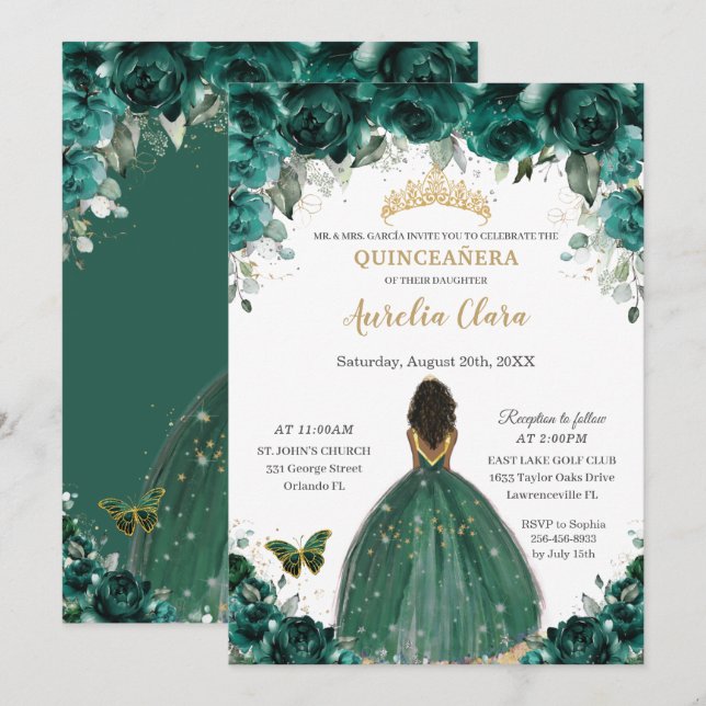 Quinceañera Emerald Green Floral Princess Crown Invitation (Front/Back)