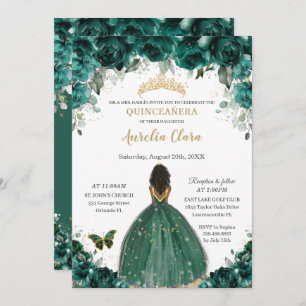 Quinceañera Emerald Green Floral Princess Crown Invitation
