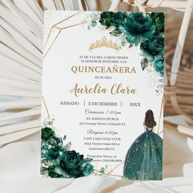 Quinceañera Emerald Green Floral Princess Español Invitation (Creator Uploaded)