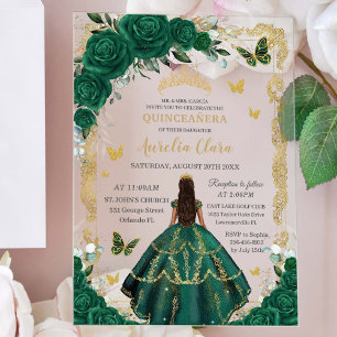 Quinceañera Emerald Green Floral Princess Gold Acrylic Invitations