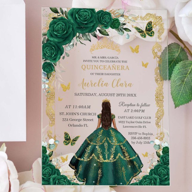Quinceañera Emerald Green Floral Princess Gold Acrylic Invitations (Creator Uploaded)