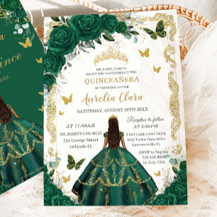 Quinceañera Emerald Green Floral Princess Gold Invitation