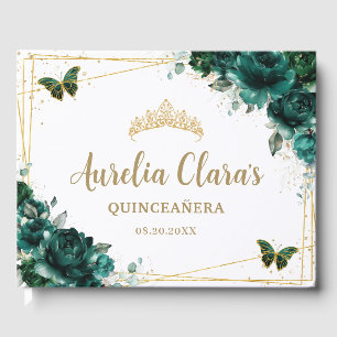 QUINCEAÑERA Emerald Green Floral Roses Butterflies Guest Book