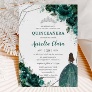 Quinceañera Emerald Green Floral Silver Princess  Invitation