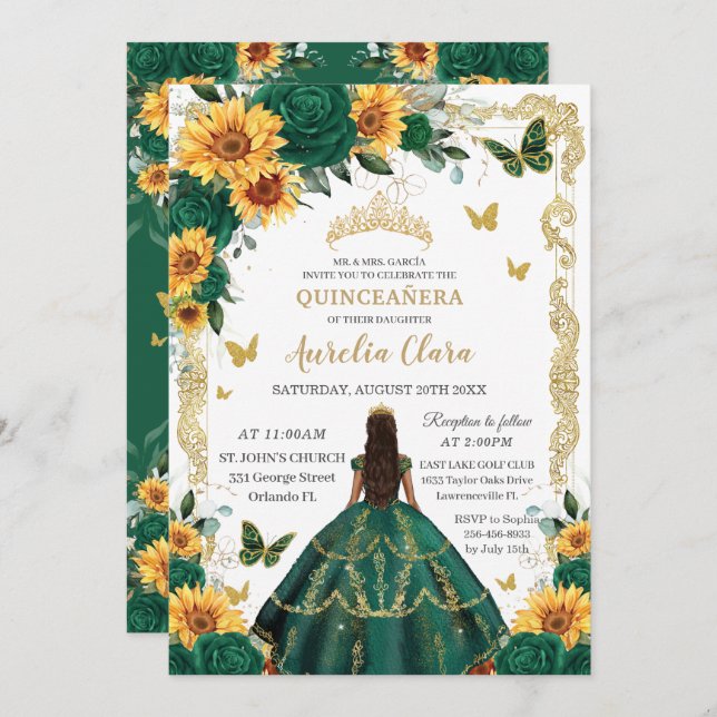 Quinceañera Emerald Green Floral Sunflowers Gold Invitation (Front/Back)