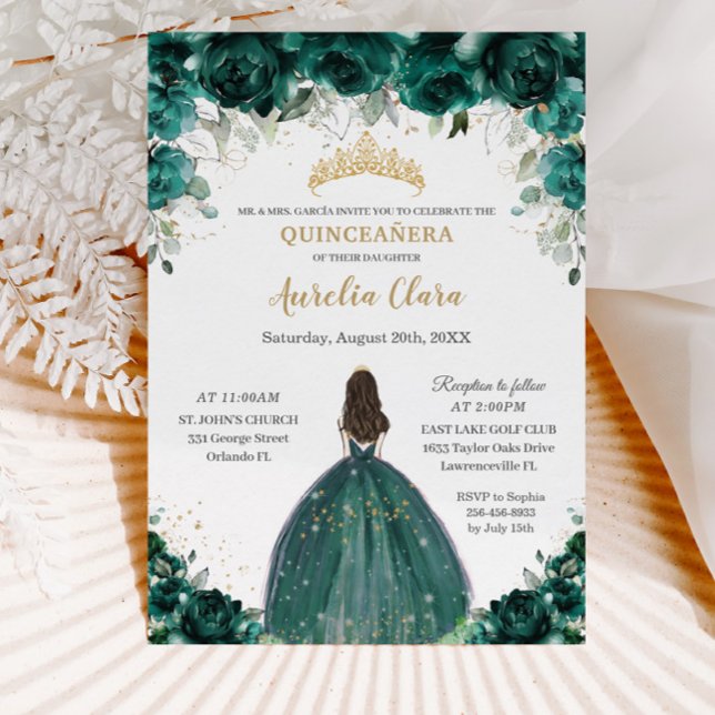 Quinceañera Emerald Green Floral Tiara Princess Invitation (Creator Uploaded)