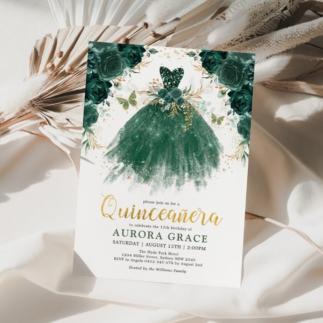 Quinceañera Emerald Green Flower Princess Birthday Invitation (Creator Uploaded)