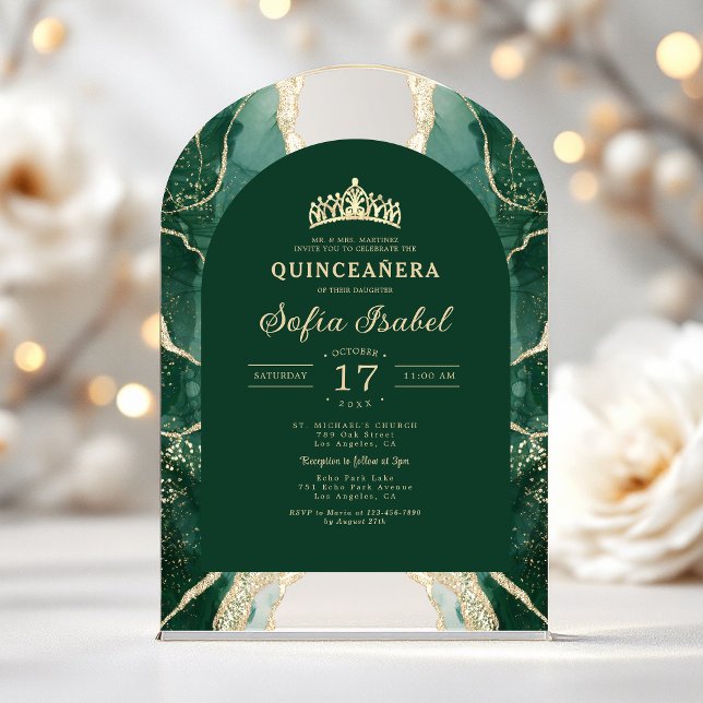 Quinceañera Emerald Green Gold Agate Elegant Acrylic Invitations (Creator Uploaded)