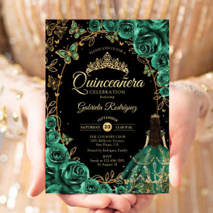 Quinceanera Emerald Green Gold Black Invitation