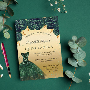 Quinceanera emerald green gold dress floral invitation