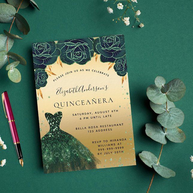 Quinceanera emerald green gold dress floral invitation (Creator Uploaded)