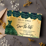 Quinceanera emerald green gold dress flowers save the date<br><div class="desc">A girly and trendy Save the Date card for a Quinceañera,  15th birthday party. A faux gold looking background decorated green roses,  confetti and a green dress. Personalise and add a date and name/age. The text: Save the Date is written with a large trendy hand lettered style script.</div>
