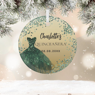 Quinceanera emerald green gold dress glass tree decoration