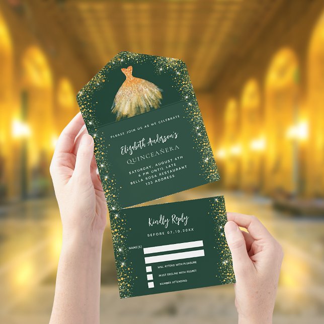 Quinceanera emerald green gold dress glitter RSVP All In One Invitation (Creator Uploaded)