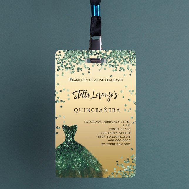 Quinceanera emerald green gold dress invitation ID badge (Creator Uploaded)