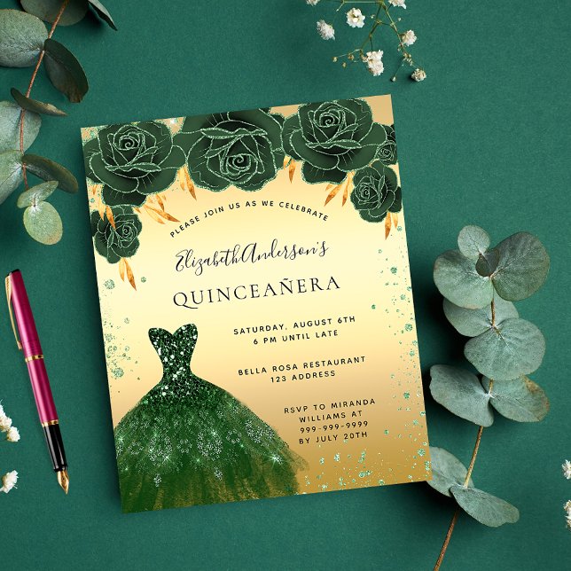 Quinceanera emerald green gold dress invitation postcard (Creator Uploaded)