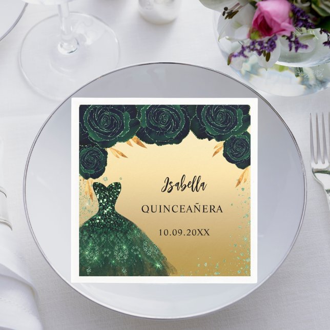 Quinceanera emerald green gold dress napkin (Creator Uploaded)