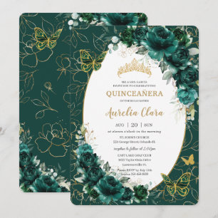 Quinceañera Emerald Green Gold Floral Butterflies Invitation