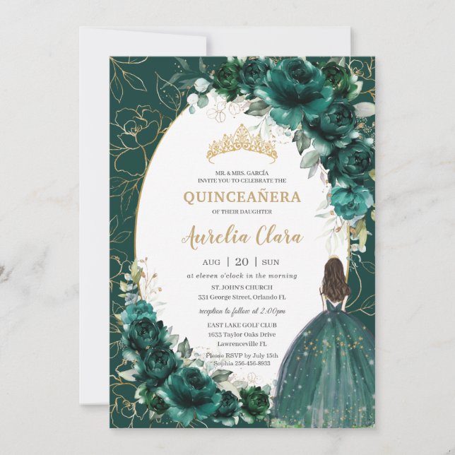 Quinceañera Emerald Green Gold Floral Princess Invitation (Front)