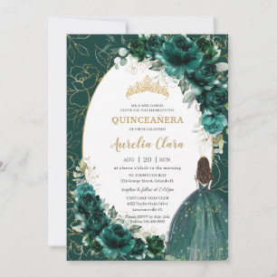 Quinceañera Emerald Green Gold Floral Princess Invitation