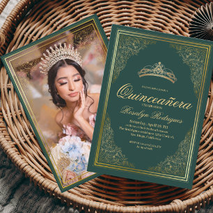 Quinceanera emerald green gold Princess Tiara Invitation